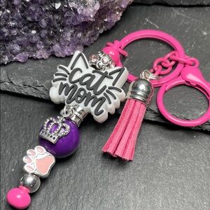 Artisan Cat Mom Keychain with Pink and Purple Charms